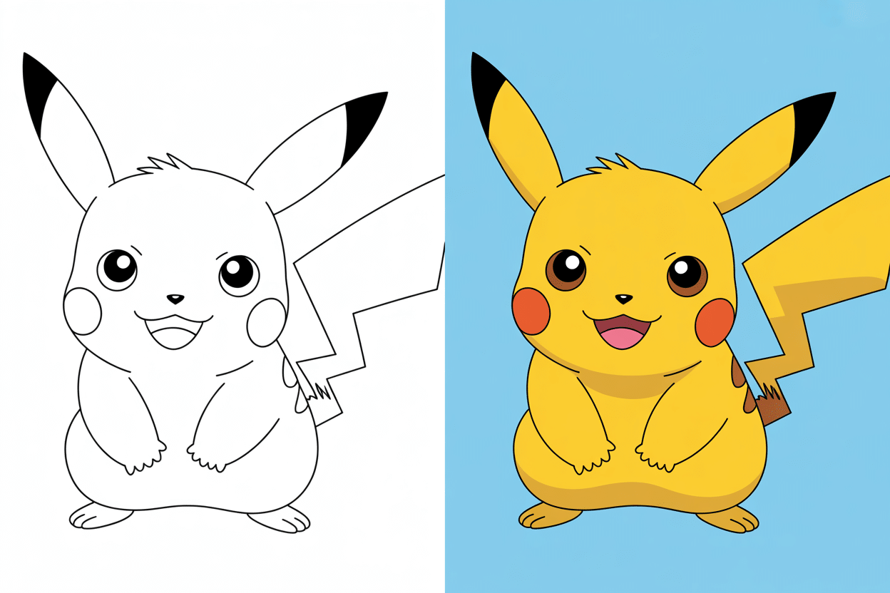 Home 9 Two-panel Pikachu coloring pages – black and white line art vs. full-color version