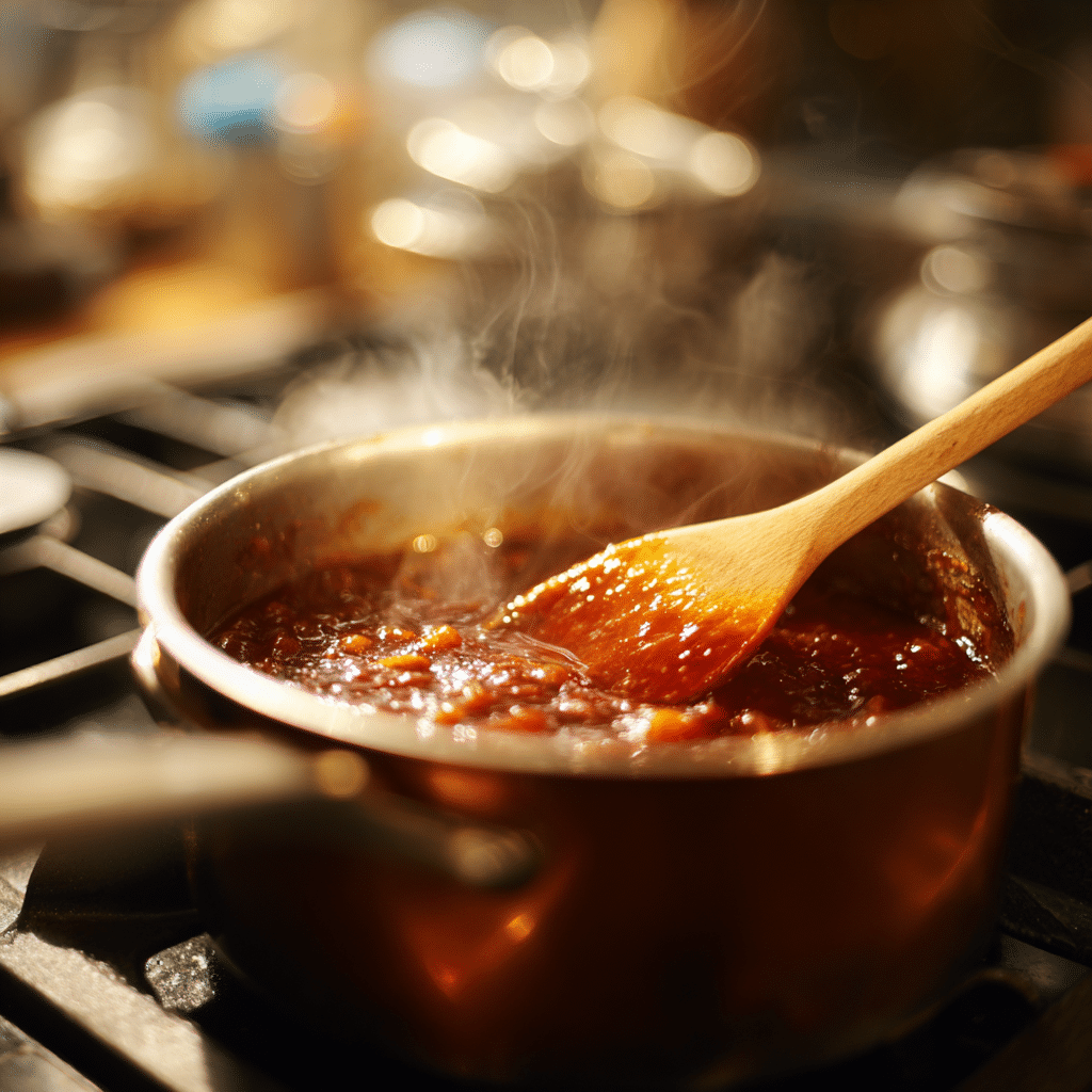 3 Ingredient BBQ Sauce That’s Sweet, Tangy, and Unbelievably Simple 9 Simmering 3 ingredient BBQ sauce in saucepan