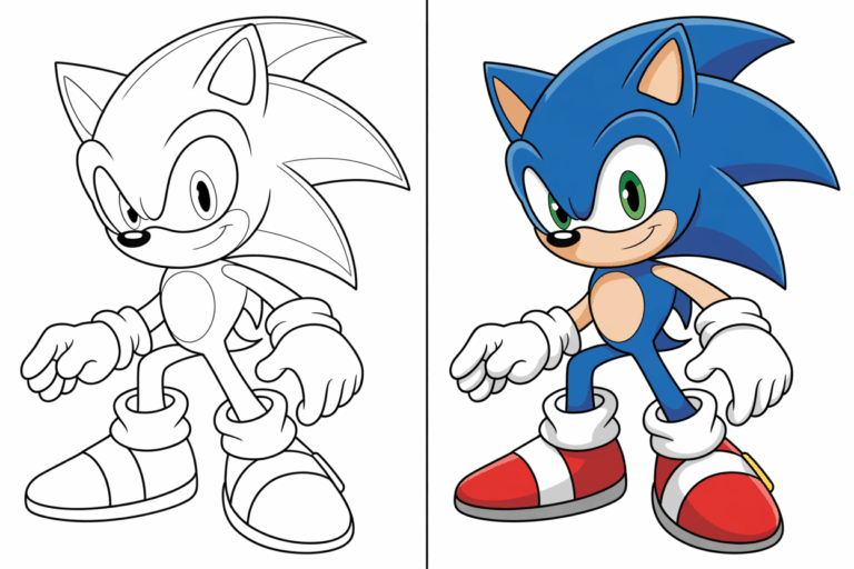 Two-panel Sonic coloring page showing black-and-white line art on the left and fully colored version on the right