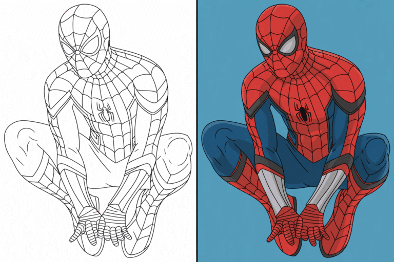 Spiderman Coloring Pages – Line Art and Fully Colored Version