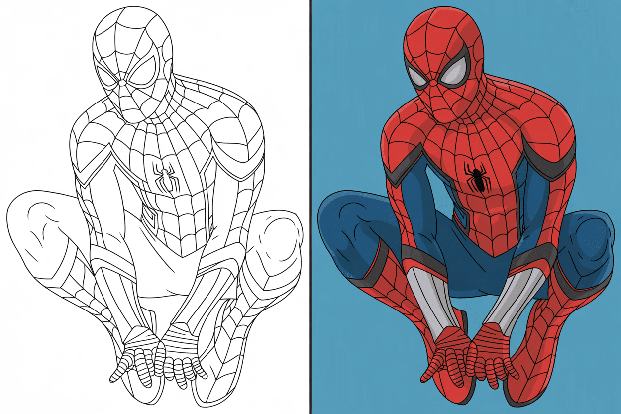 Home 8 Spiderman Coloring Pages – Line Art and Fully Colored Version